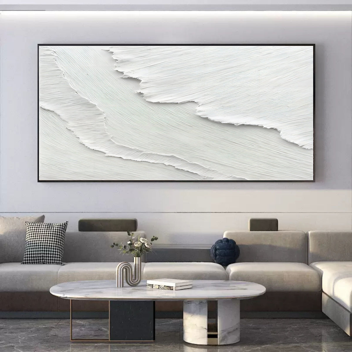 Minimalist 3D Textured White Wall Art Ocean Waves Painting
