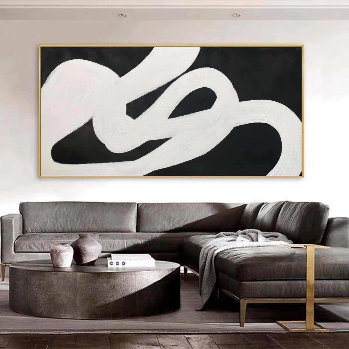 Wabi-Sabi Black White Curved Texture Painting