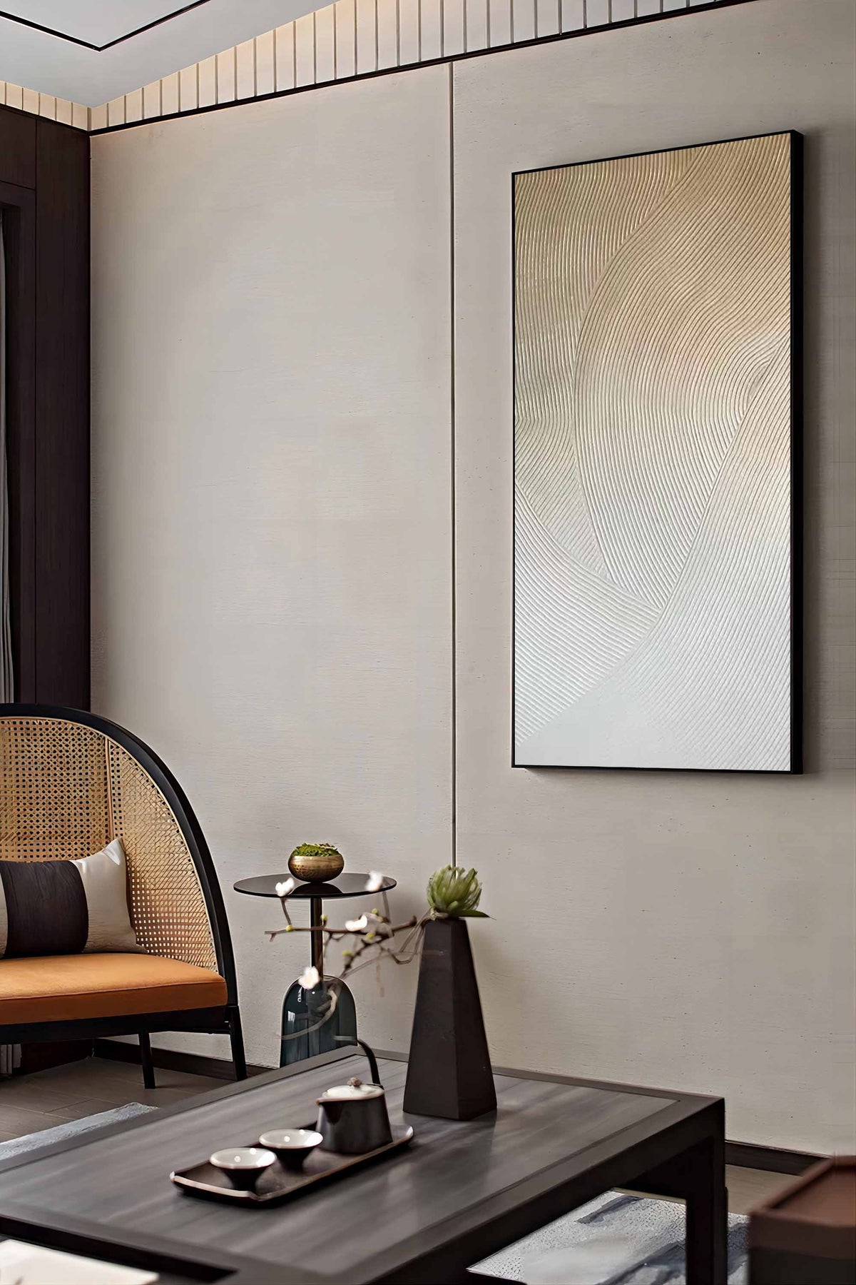 Wabi-Sabi Flowing Lines Bas-Relief Painting
