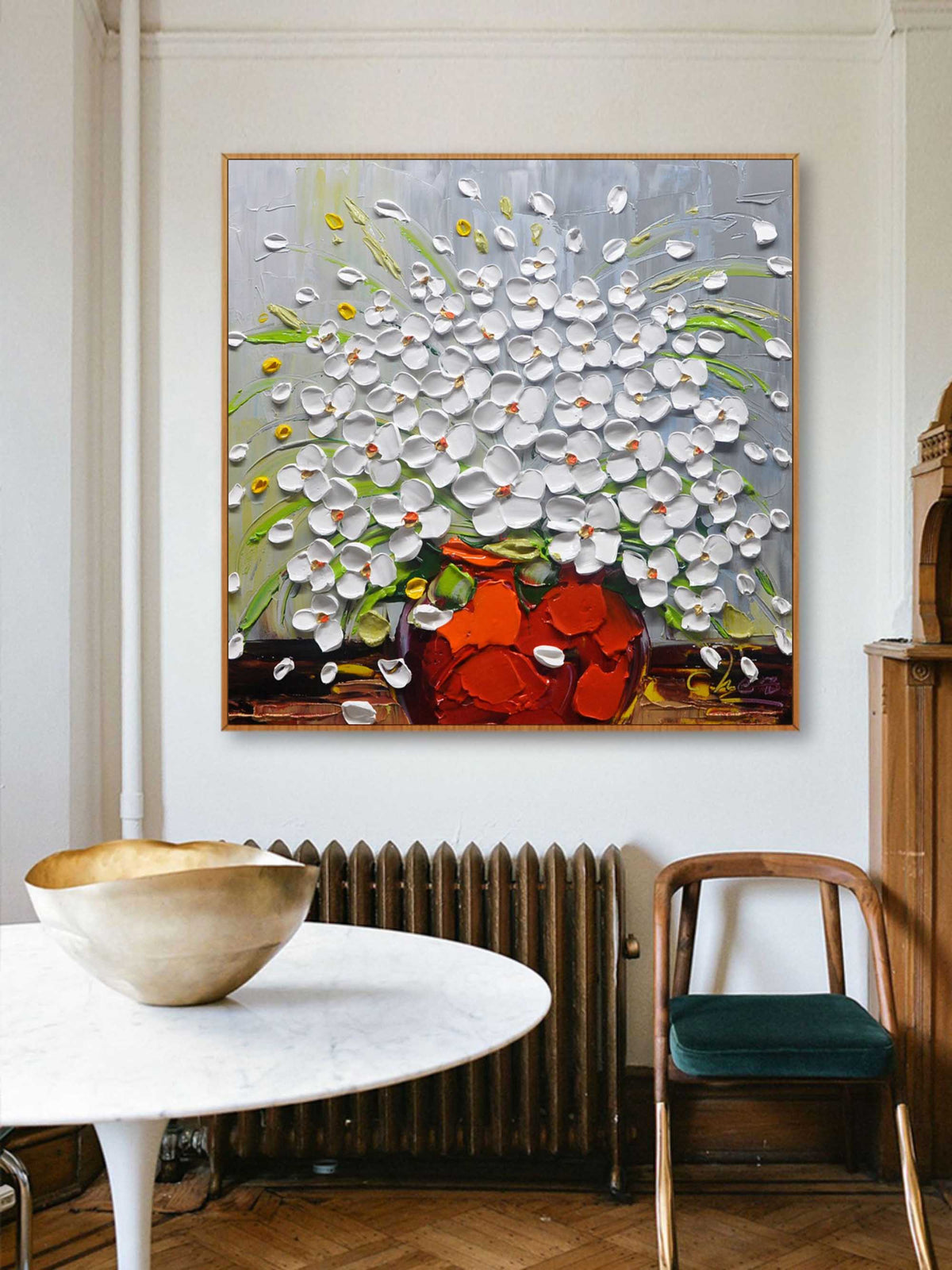Impasto White Floral Art Oil Painting Red Vase