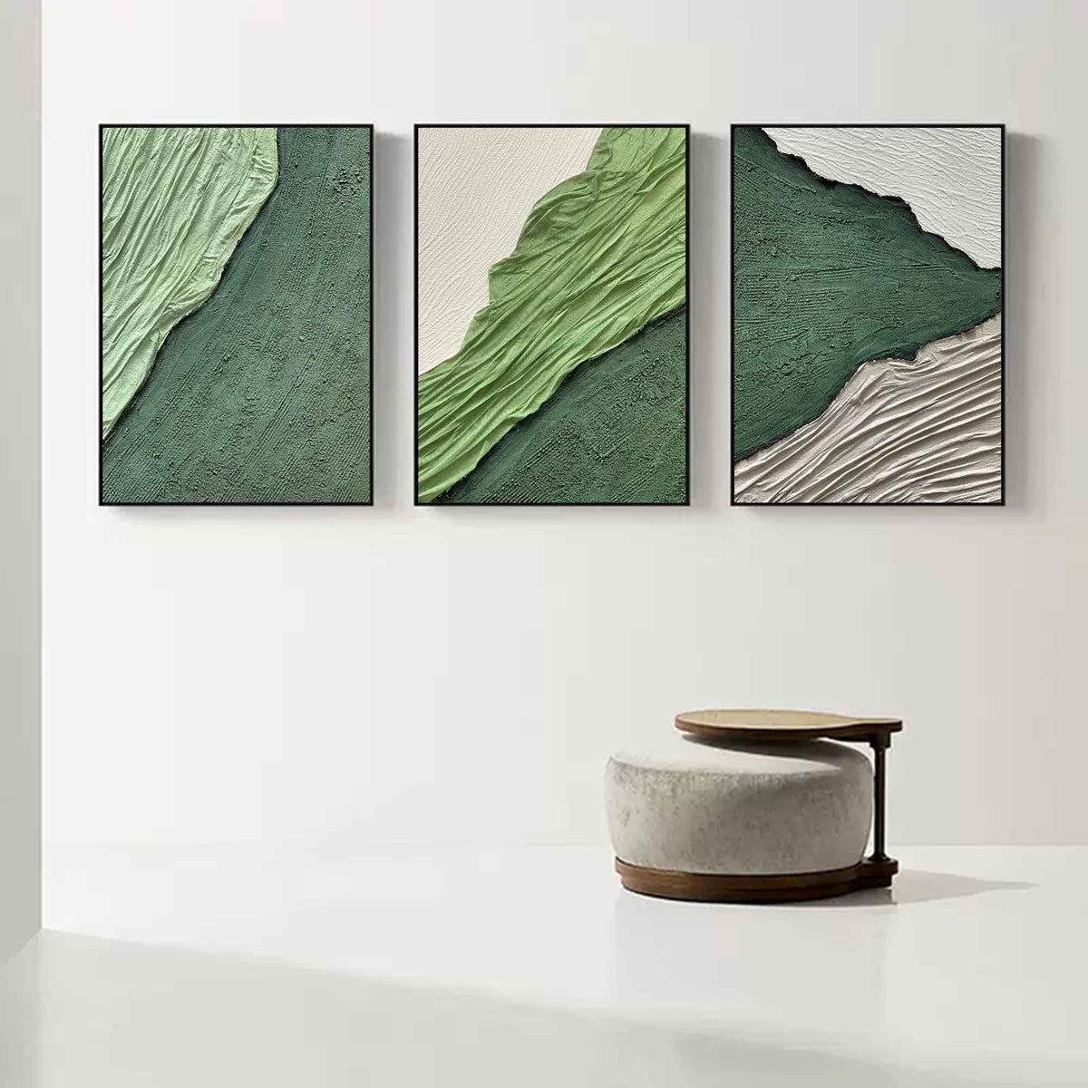 Green Textured Triptych Painting Set of 3