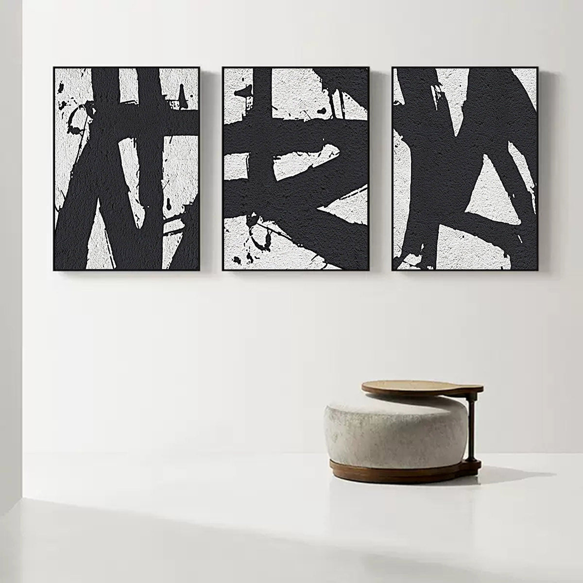Set of 3 Black White Triptych Wall Art Textured