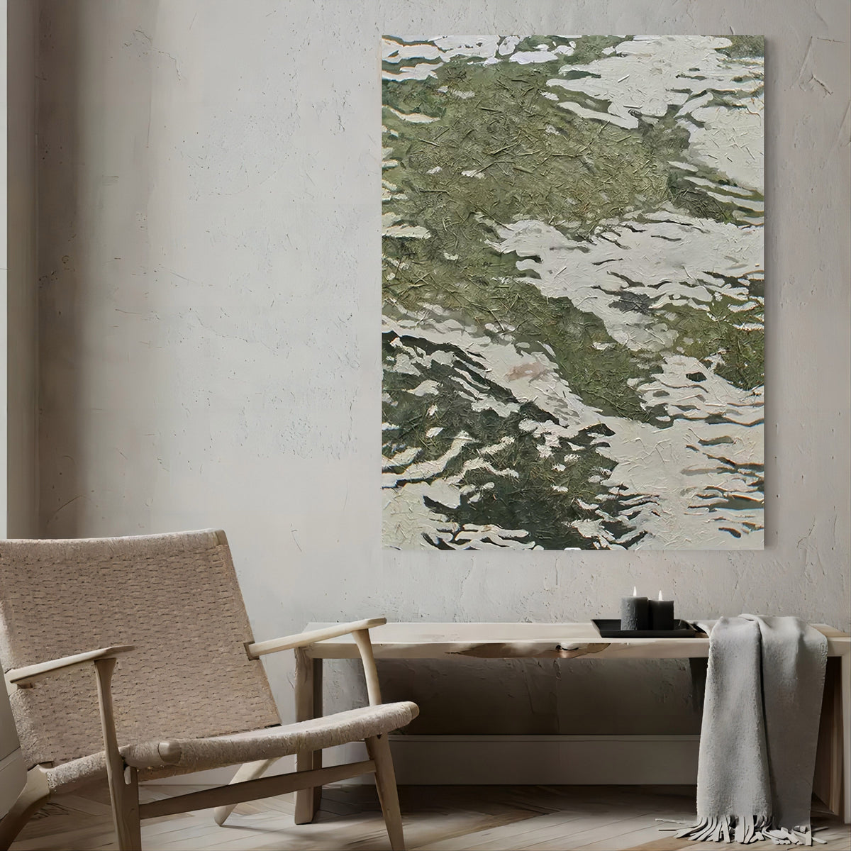 Textured Abstract Green & White Wave Oil Painting