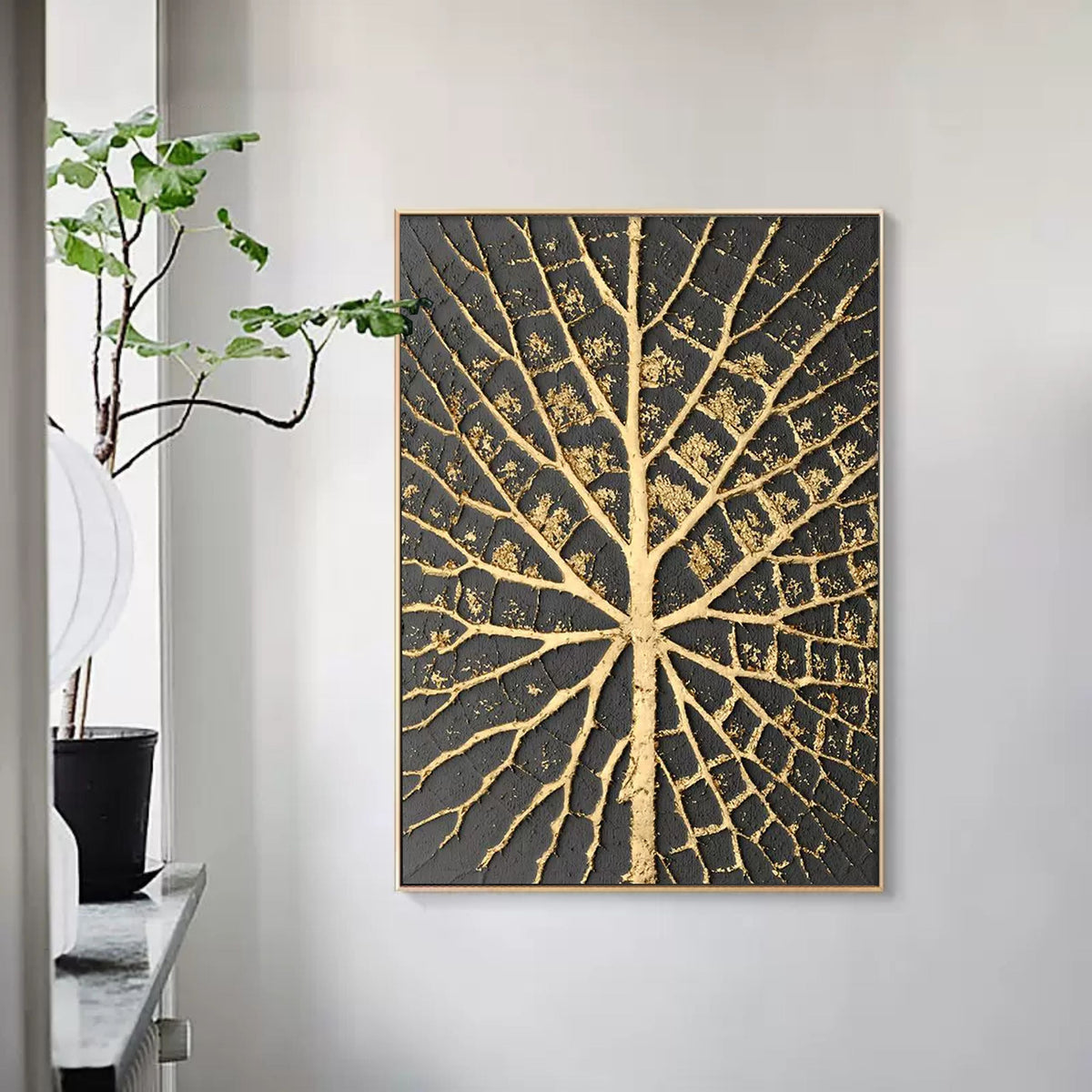 Plaster Art Black And Gold Leaf Vein Textured Painting