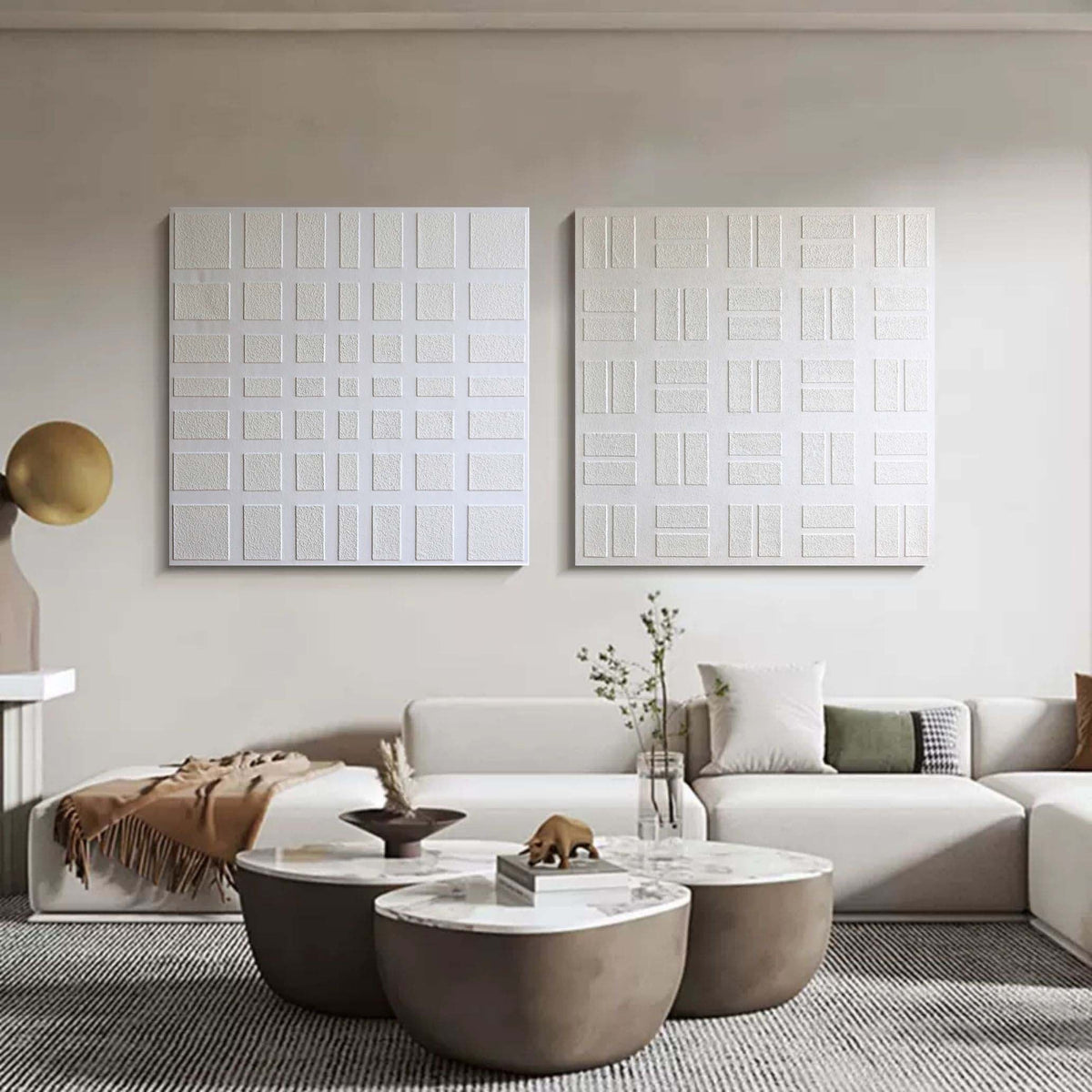 Wall Art Geometric Grid Symmetrical Panels Linen Canvas