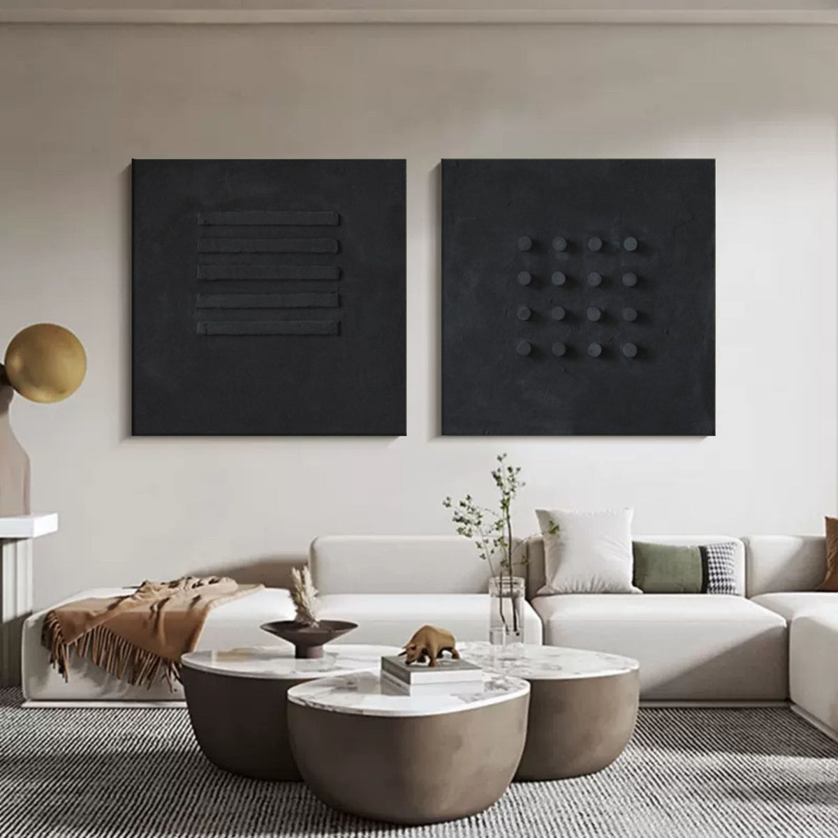 Minimalist Black Bas-Relief Diptych Painting Set Of 2