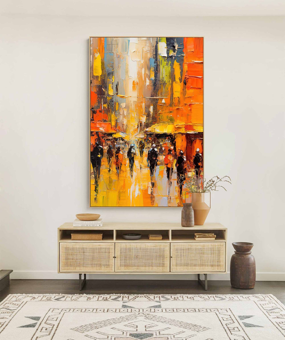 Impasto Cityscape Painting Vibrant Orange & Yellow
