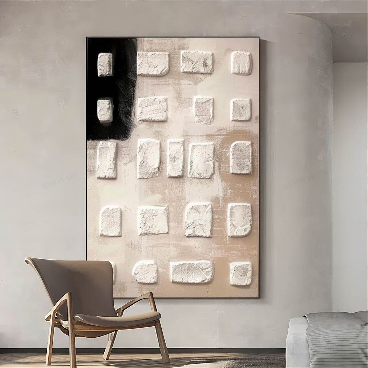 Neutral Textured 3D Block Oil Painting Black Minimalist