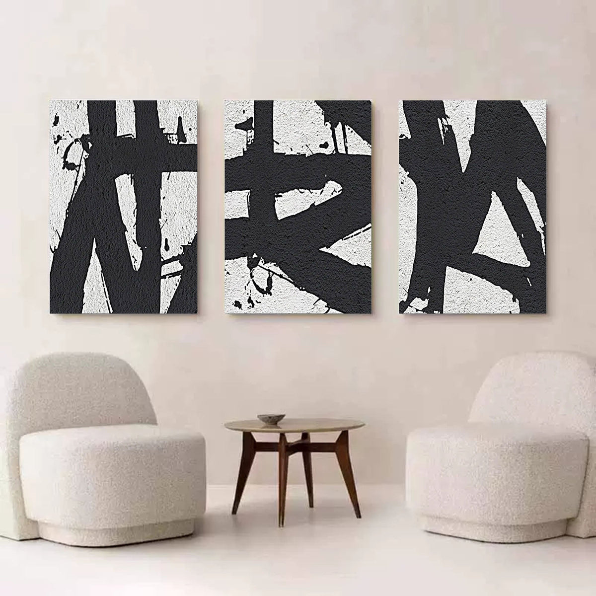 Set of 3 Black White Triptych Wall Art Textured