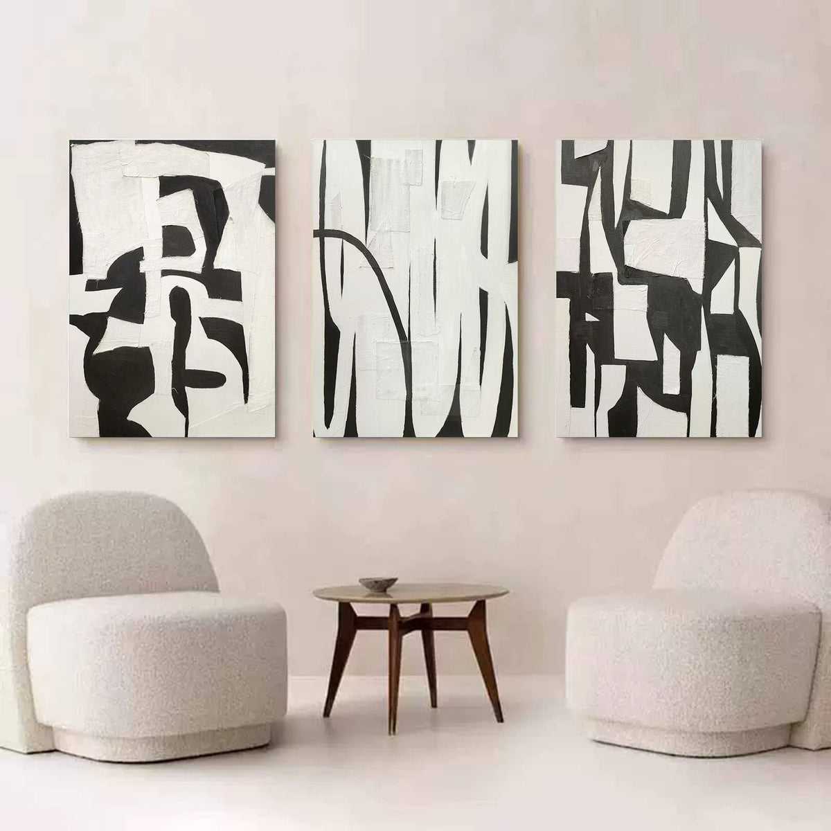 Monochrome Abstract Triptych Oil Painting