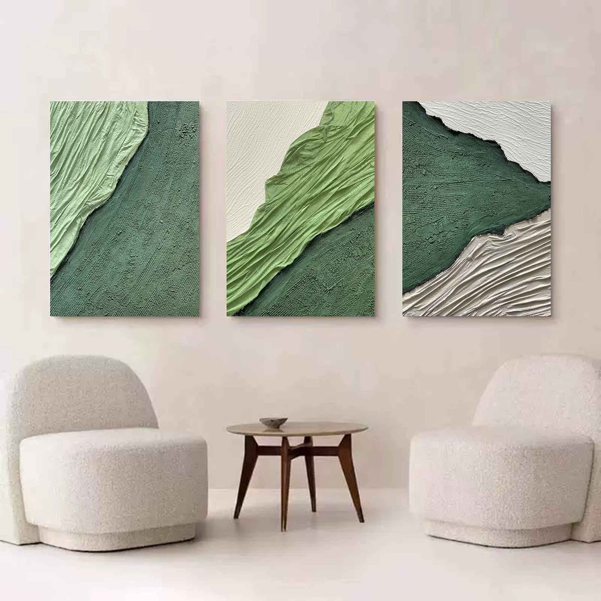 Green Textured Triptych Painting Set of 3