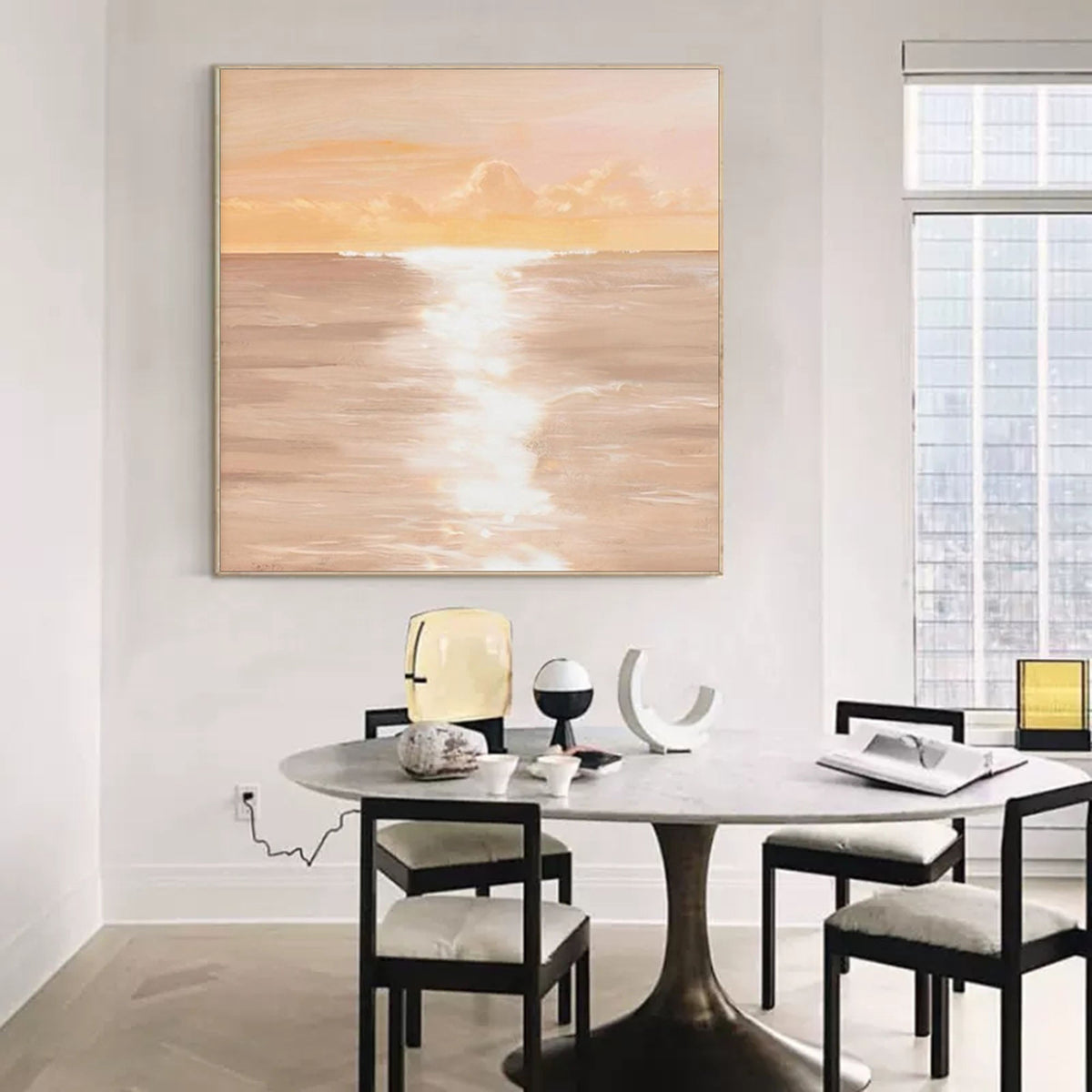 Serene Coastal Sunset Oil Painting Soft Peach