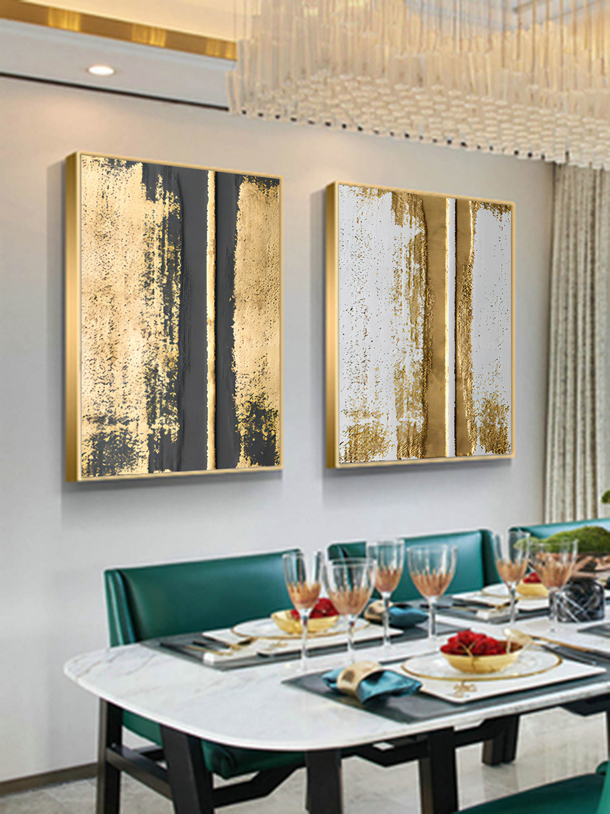Luxury Gold Foil Abstract Diptych Oil Painting