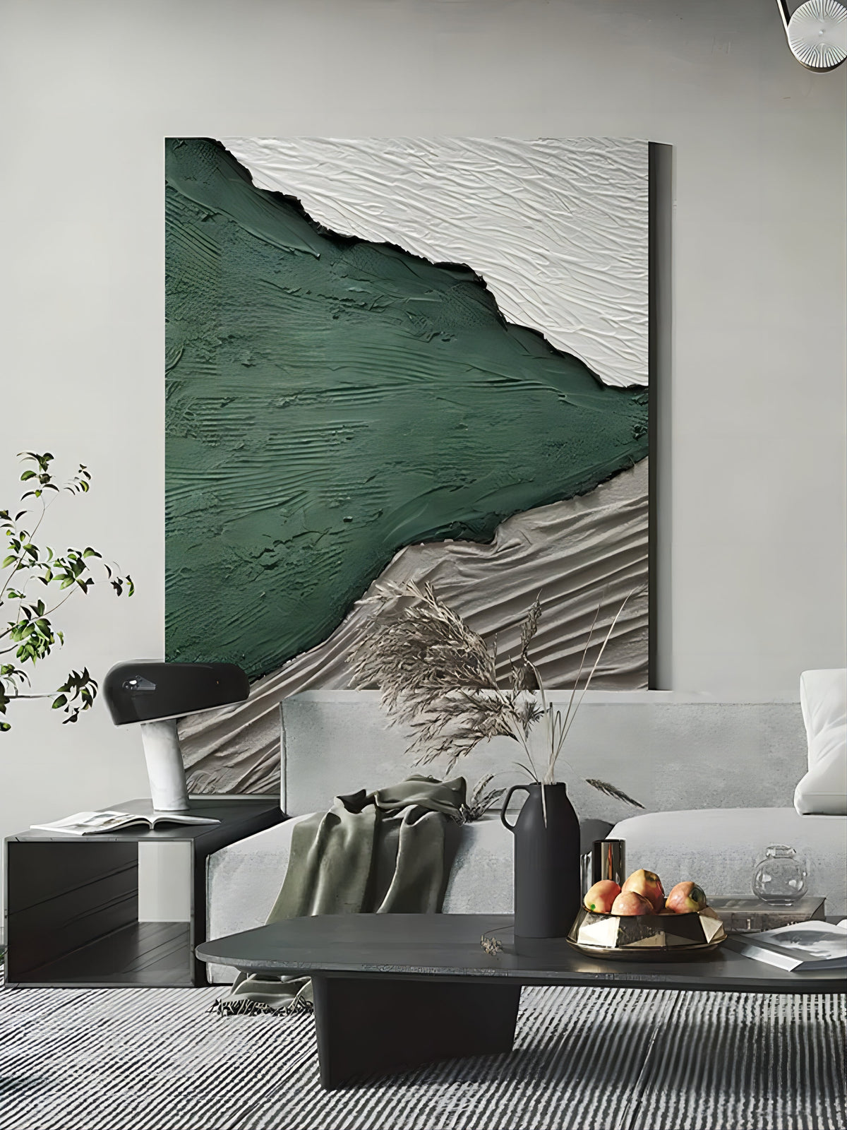 Emerald Green Landscape Bas-Relief Painting