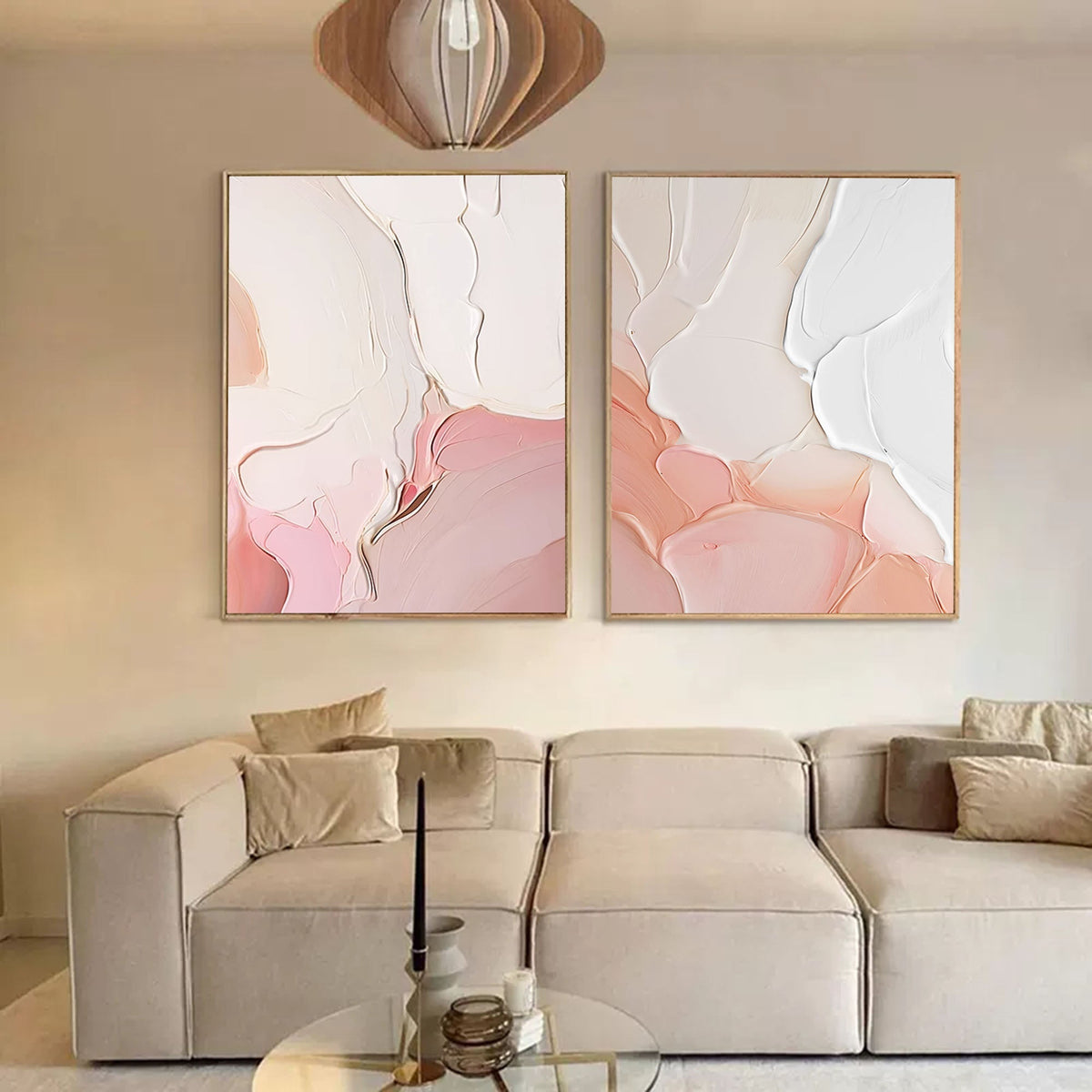 Textured 3D Diptych Wall Art Soft Pink White