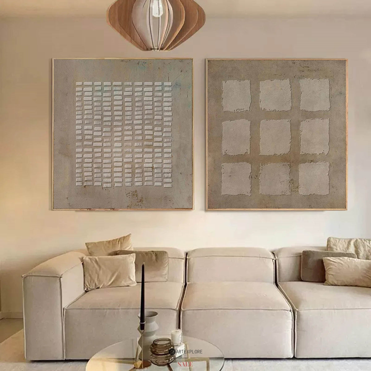 Earthy Beige‑Brown Grid‑Geometric Diptych Abstract  Embossed Textured Artwork