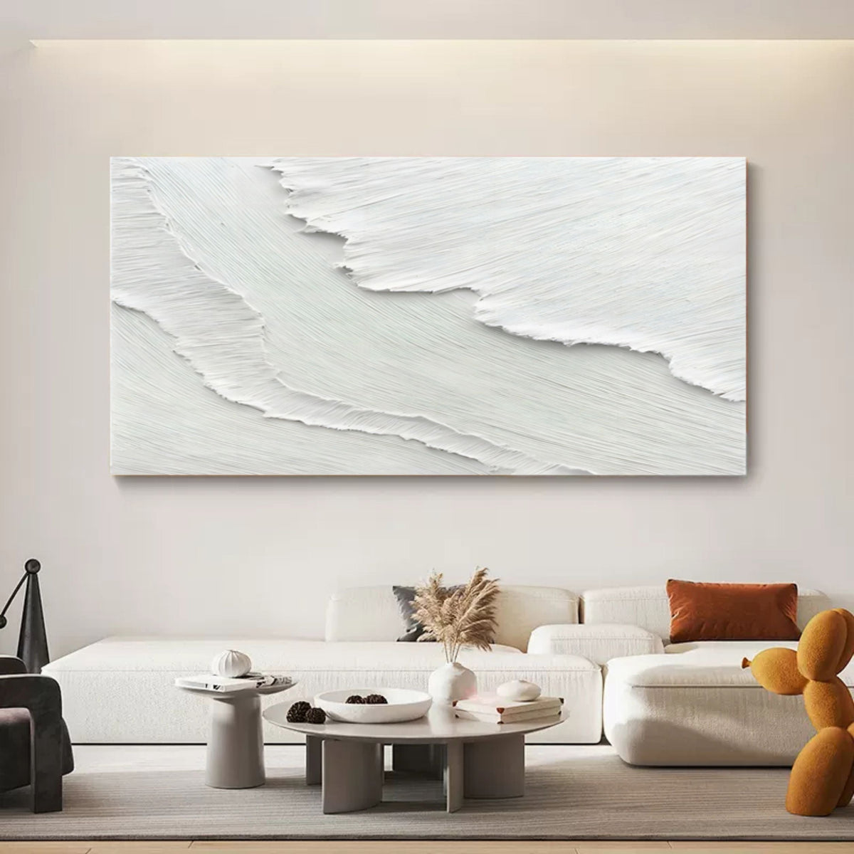 Minimalist 3D Textured White Wall Art Ocean Waves Painting