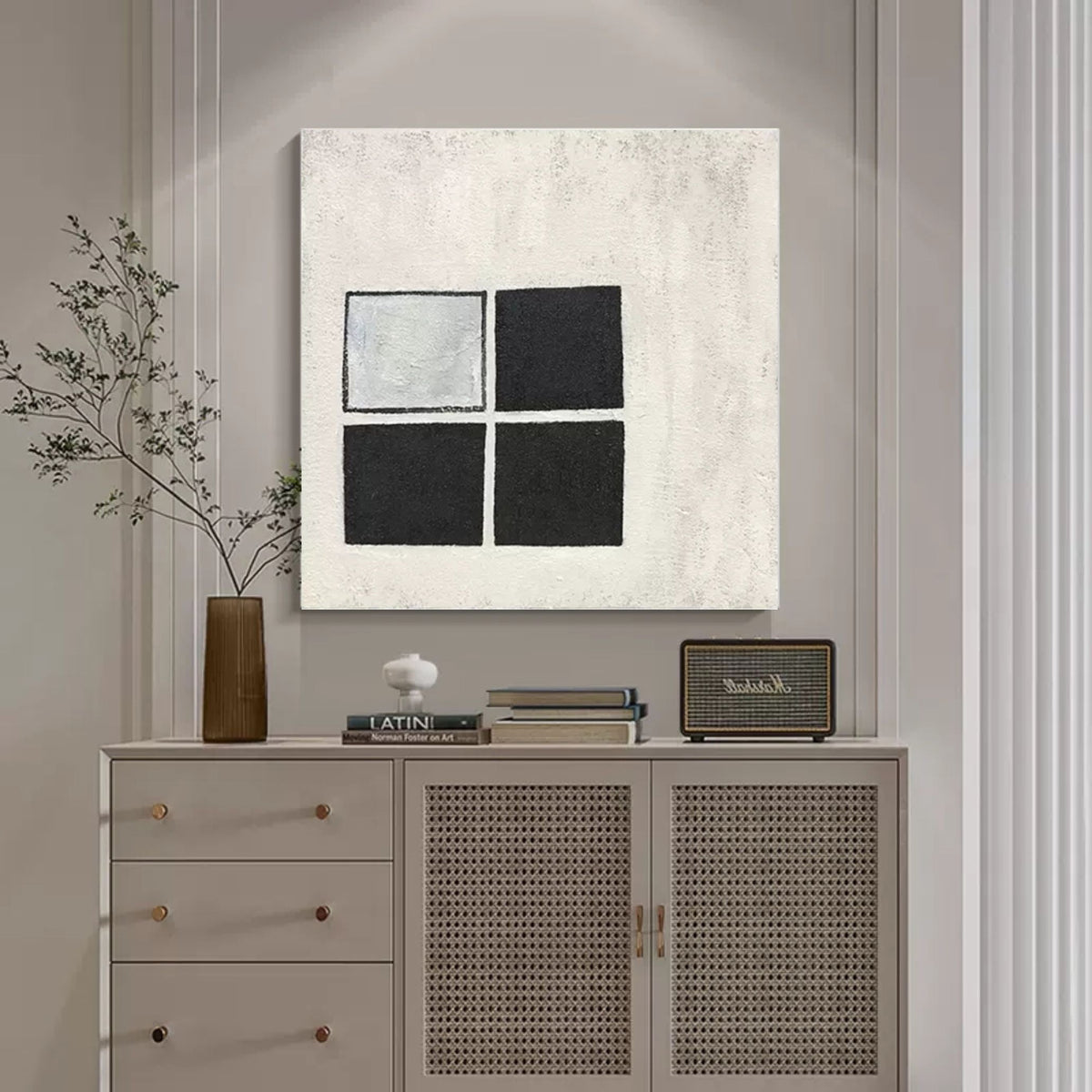 Wabi-Sabi Minimalist Black and White Grid Impasto Oil Painting