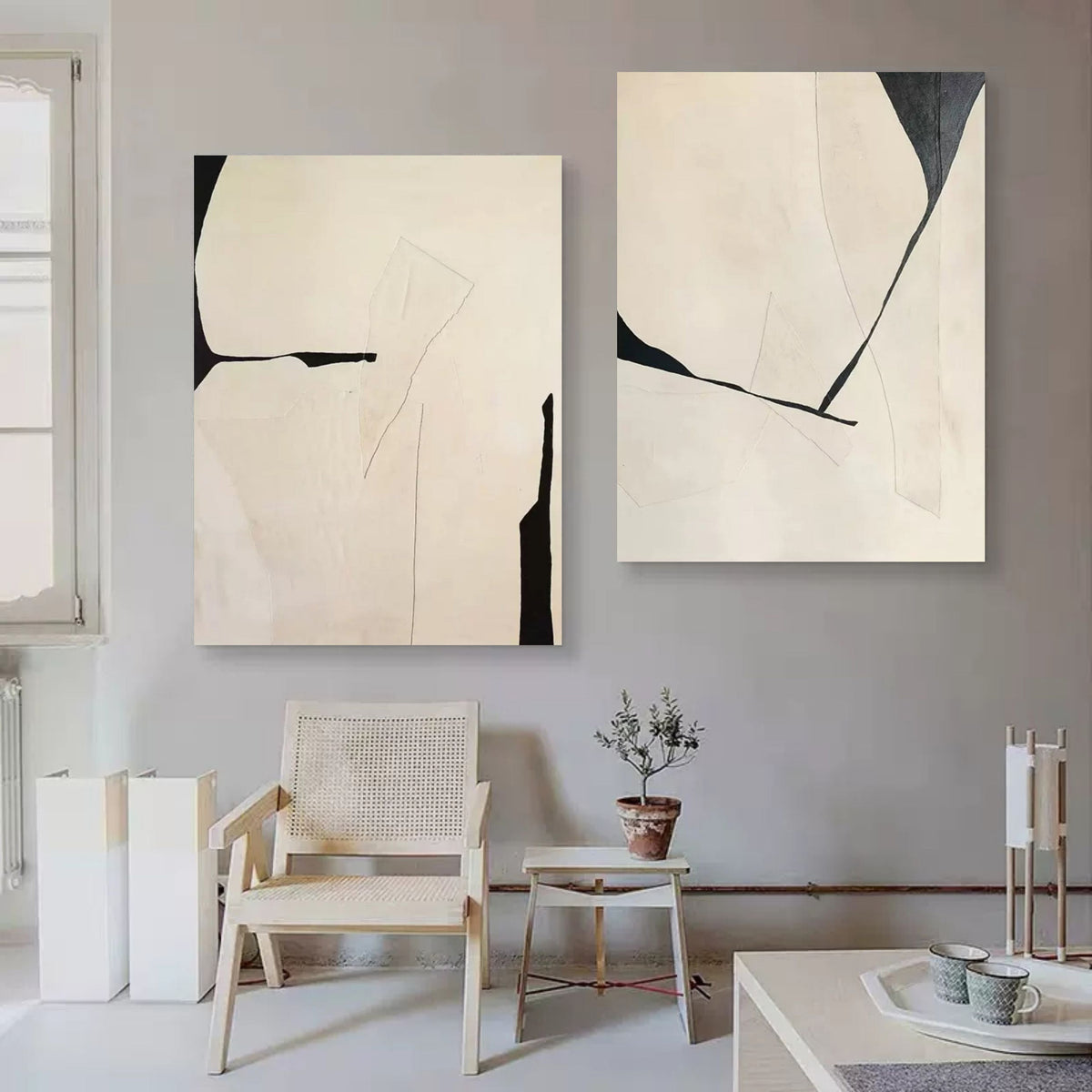 Minimalist Diptych Painting Neutral Geometric Wall Art