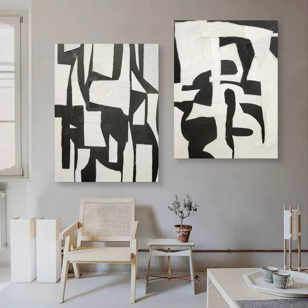 Set Of 2 Black White Collage Diptych Oil Painting