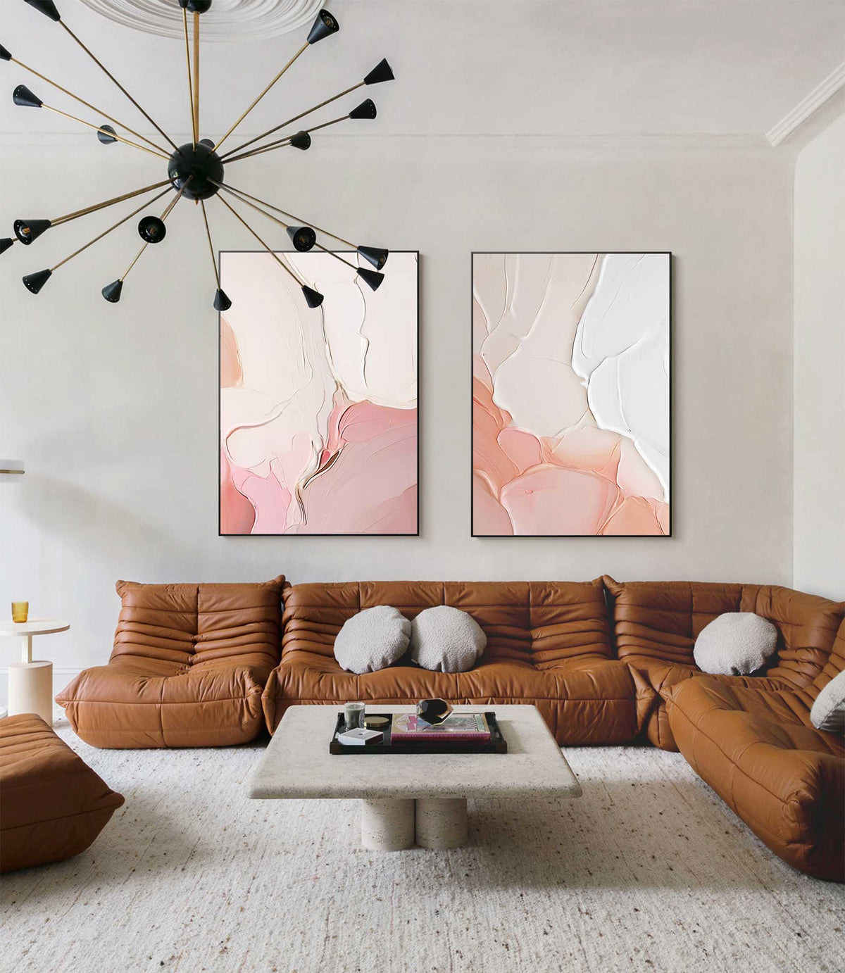 Textured 3D Diptych Wall Art Soft Pink White