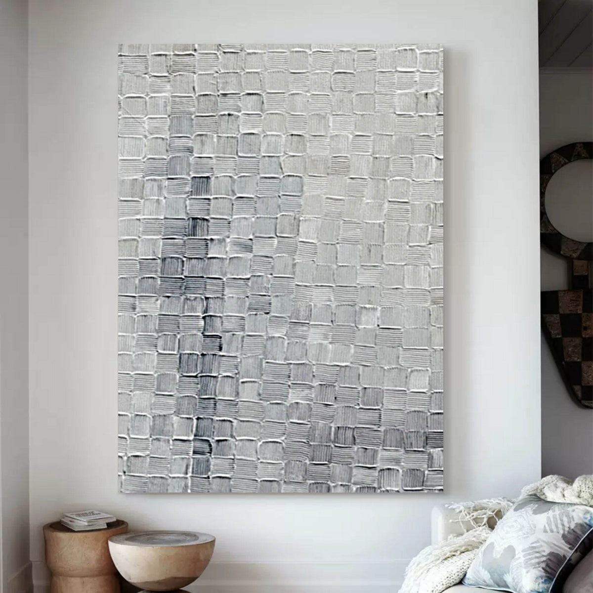 Silver Gray Textured Grid Wall Art