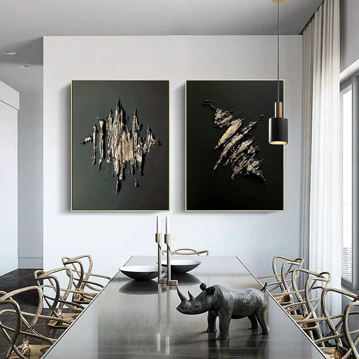 Textured Gold & Black Abstract Oil Painting
