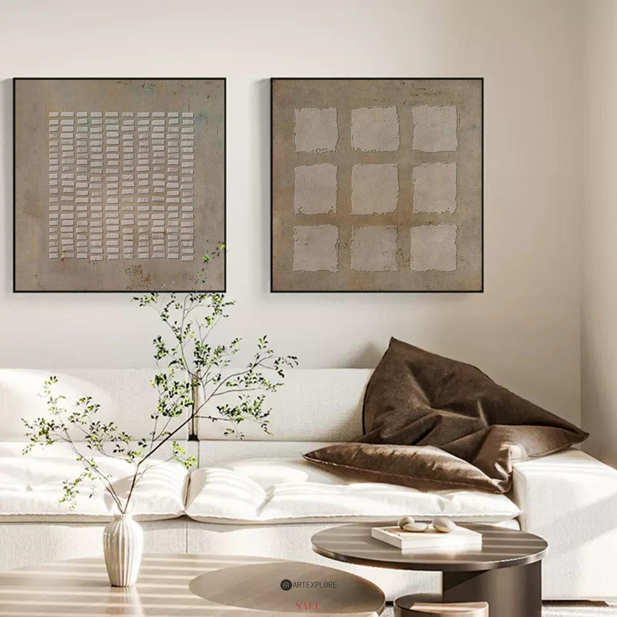 Earthy Beige‑Brown Grid‑Geometric Diptych Abstract  Embossed Textured Artwork