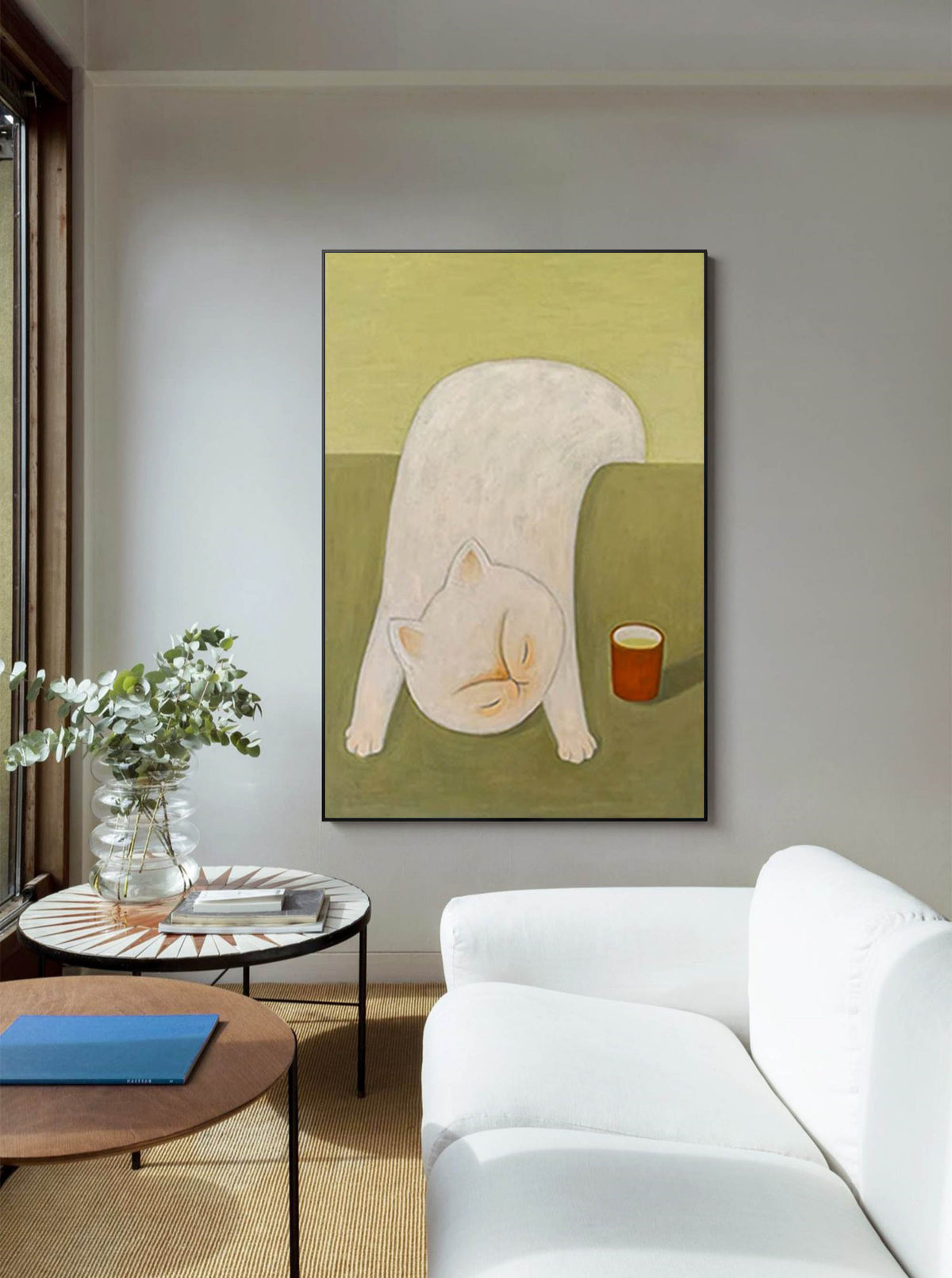 Whimsical Stretching White Cat Cozy Wall Art