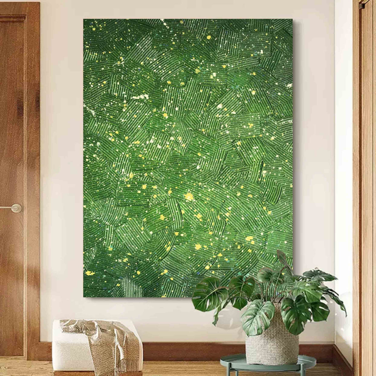 Lush Green Textured Geometric Oil Painting