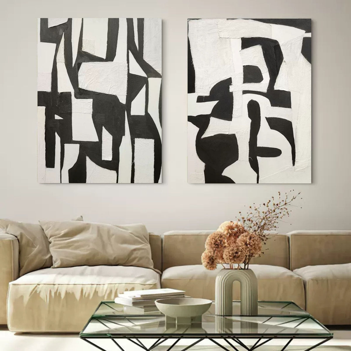 Set Of 2 Black White Collage Diptych Oil Painting