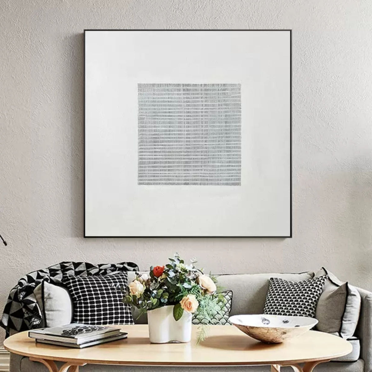 Wall Art Neutral Linear Grid Bas-Relief Abstract Oil Painting