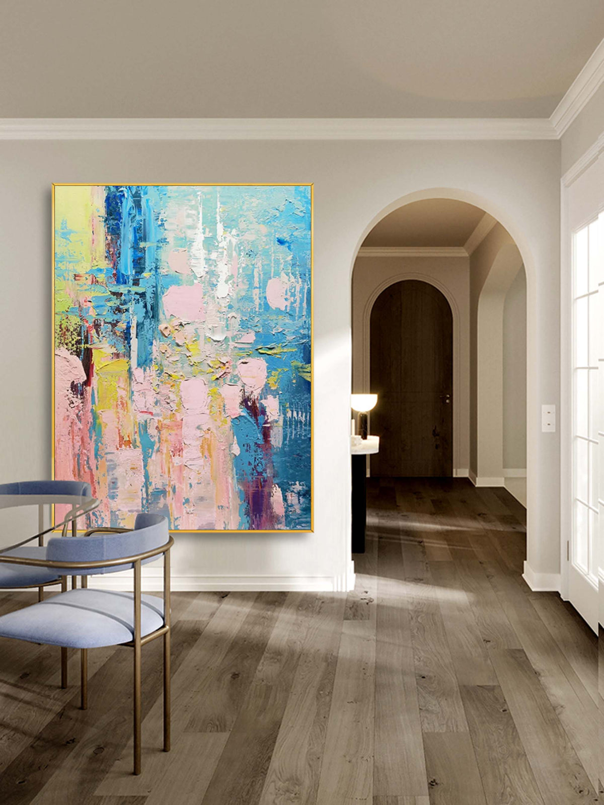 Vibrant Impasto Oil Painting Blue Pink Yellow
