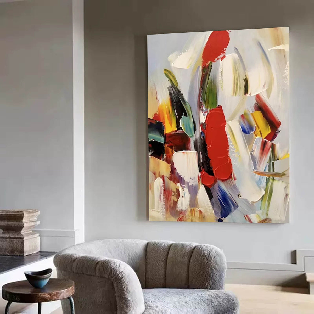 Bold Red Accent Impasto Abstract Oil Painting