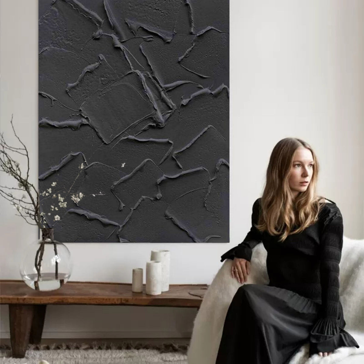Wall Art Black Abstract Cracked Block