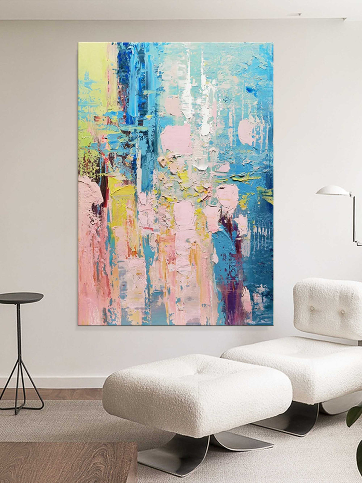 Vibrant Impasto Oil Painting Blue Pink Yellow