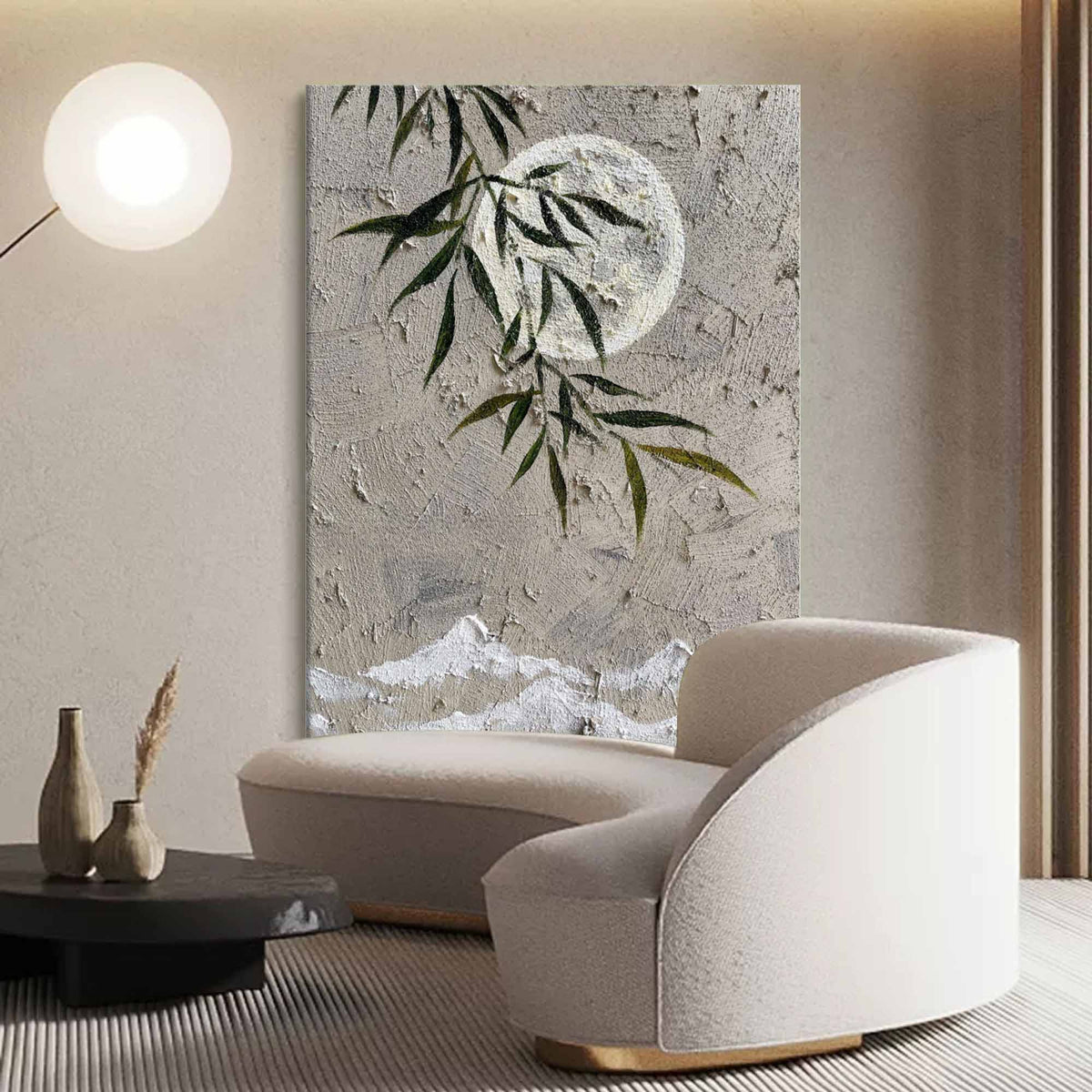 Muted Neutral Textured Moon Willow Mountain Oil Painting