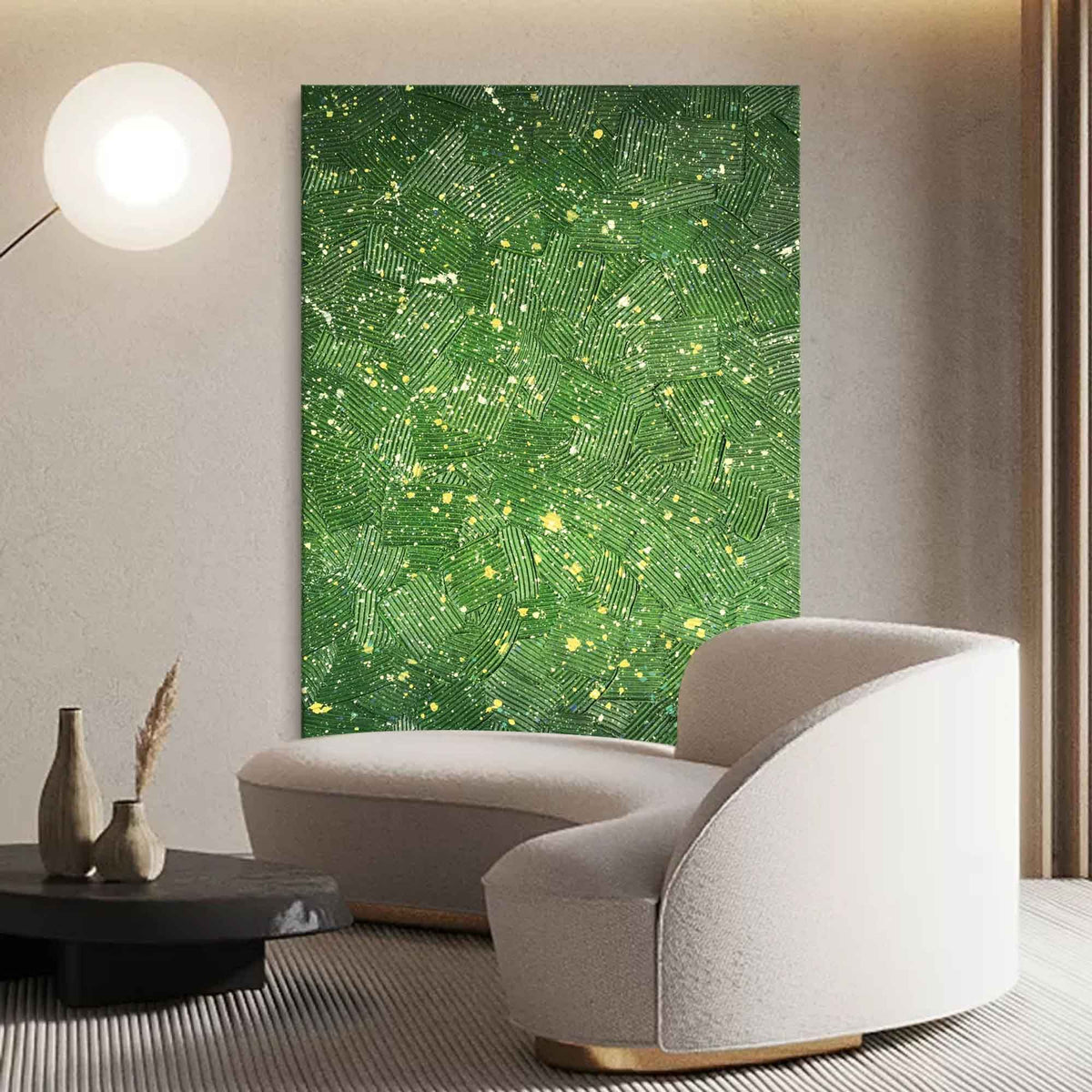 Lush Green Textured Geometric Oil Painting