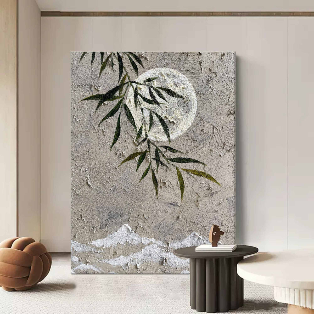 Muted Neutral Textured Moon Willow Mountain Oil Painting