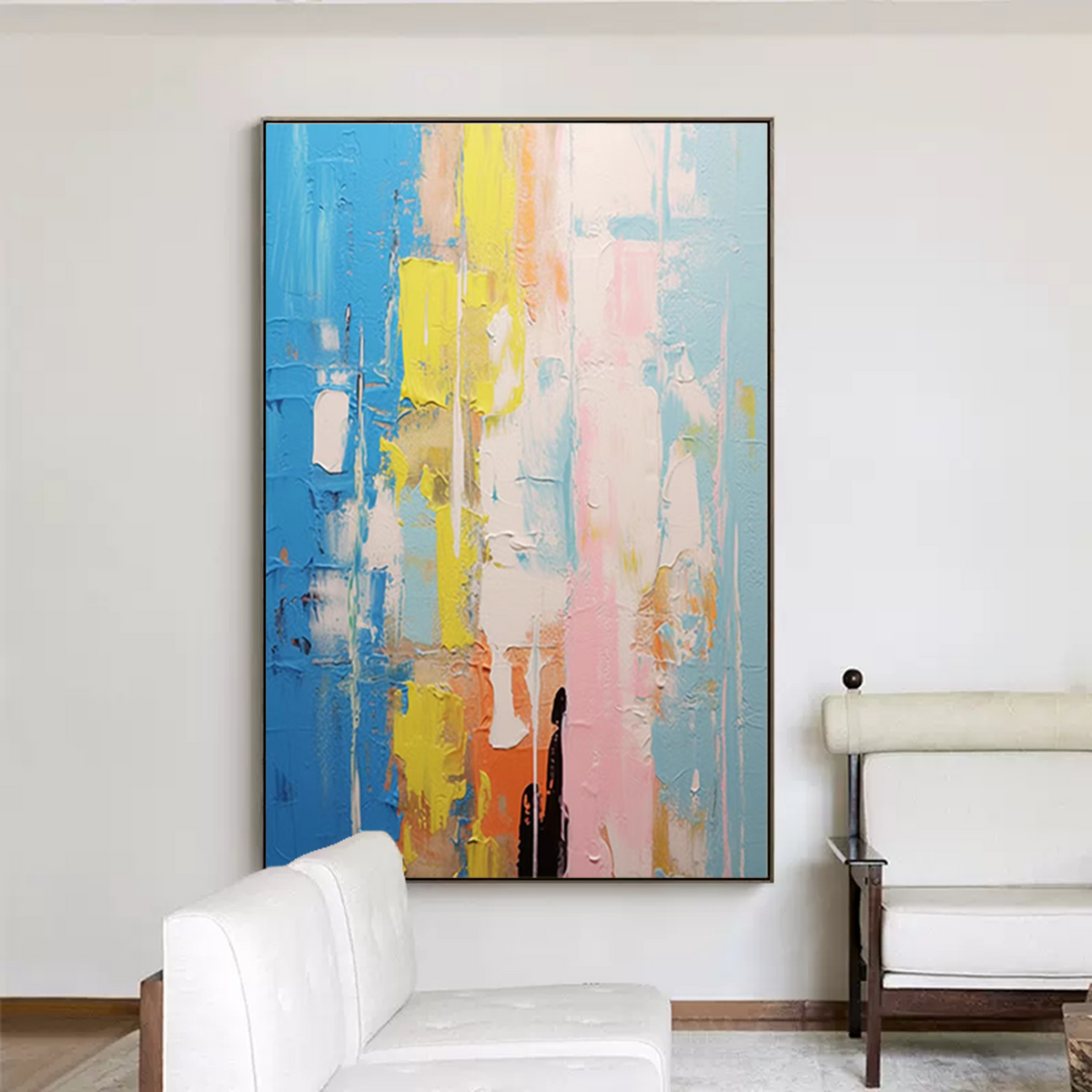 Impasto Vertical Abstract Painting Blue And Pink
