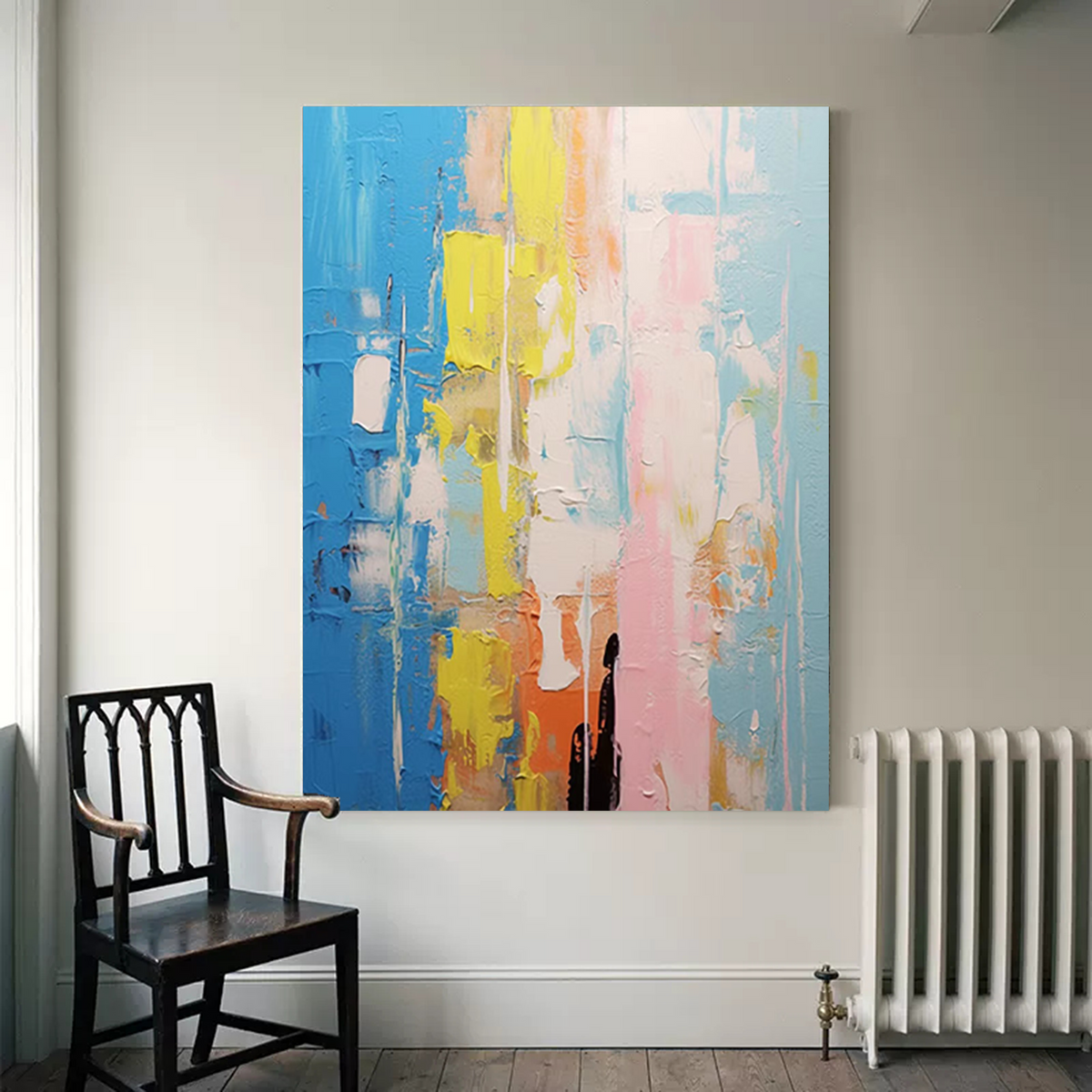 Impasto Vertical Abstract Painting Blue And Pink
