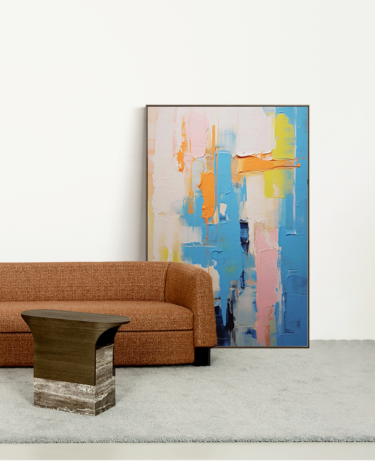 Impasto Geometric Abstract Painting Blue And Pink