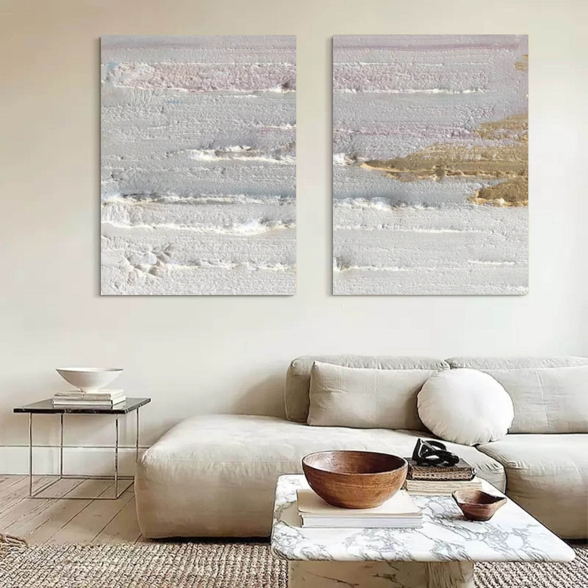 Wall Art Pastel Gray Gold Layered Wave Diptych