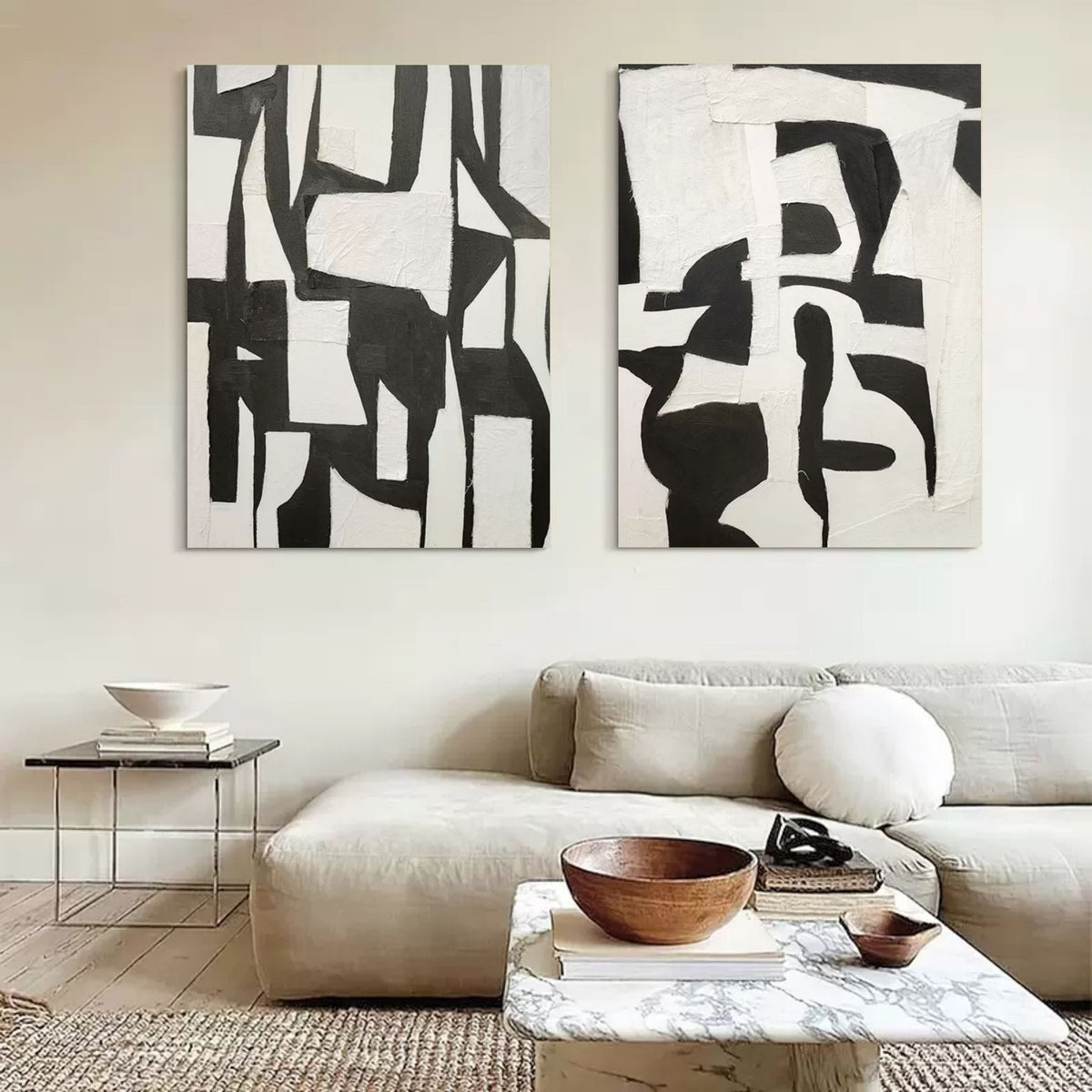 Set Of 2 Black White Collage Diptych Oil Painting