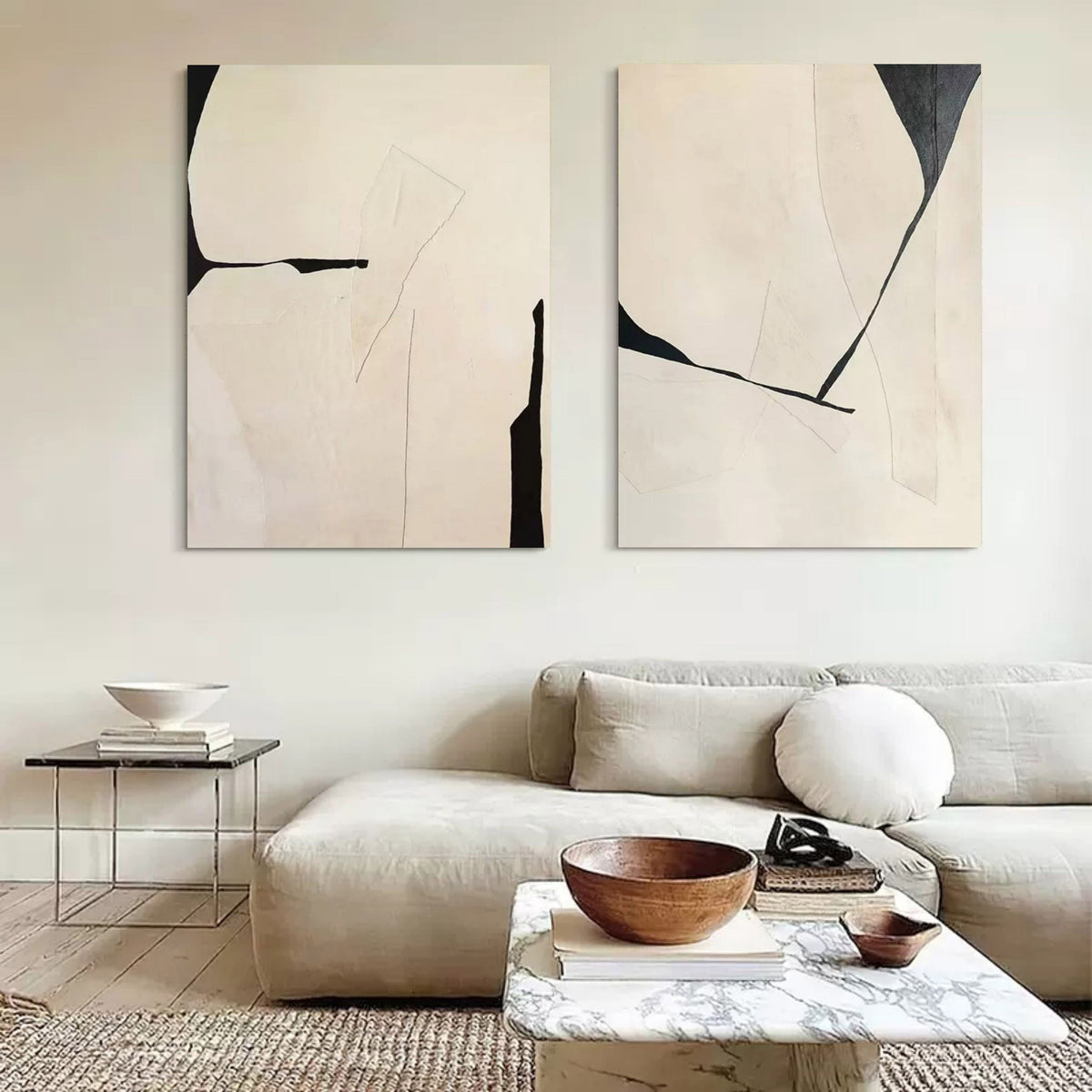 Minimalist Diptych Painting Neutral Geometric Wall Art