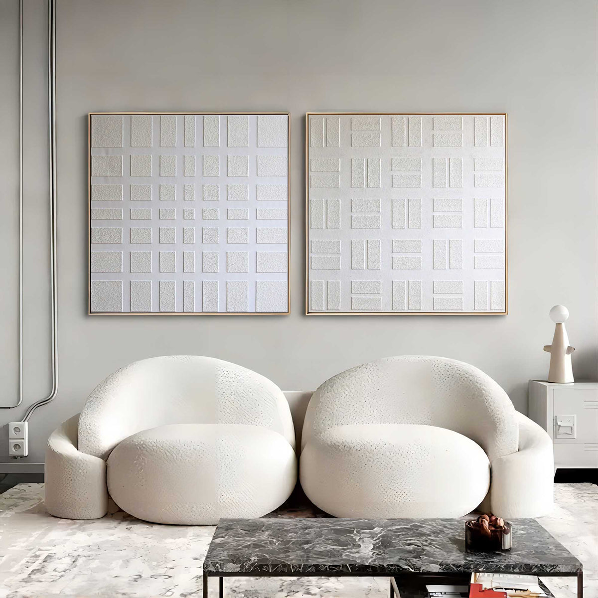 Wall Art Geometric Grid Symmetrical Panels Linen Canvas