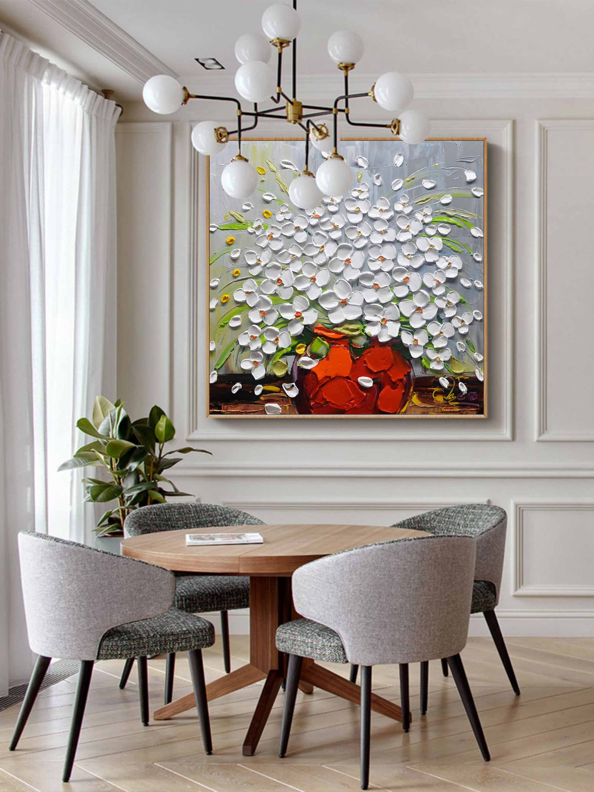 Impasto White Floral Art Oil Painting Red Vase