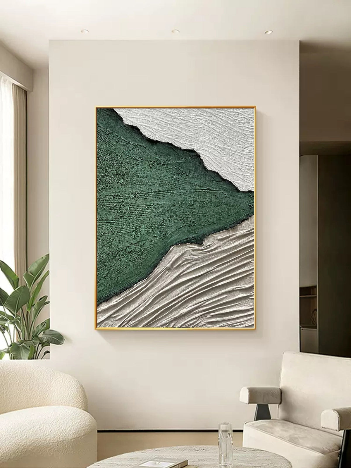 Emerald Green Landscape Bas-Relief Painting