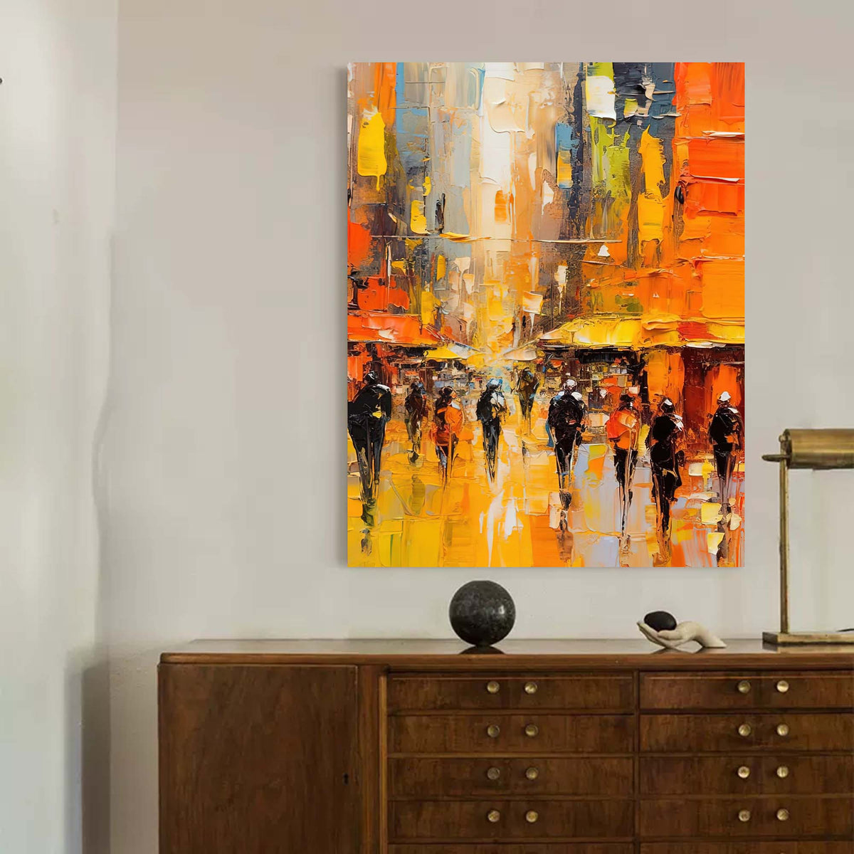 Impasto Cityscape Painting Vibrant Orange & Yellow