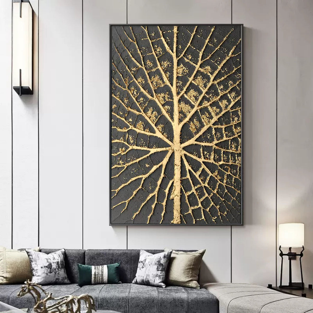 Plaster Art Black And Gold Leaf Vein Textured Painting